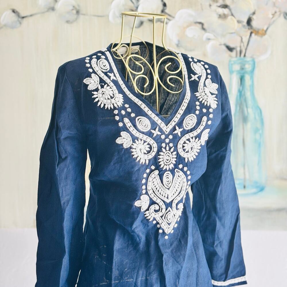 Charter Club Luxury Navy Linen Beaded Tunic Top Size S Boho Embellished - Picture 2 of 8